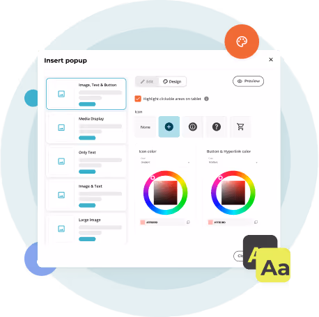 Interface d’éditeur de pop-up avec des outils de couleur et d’icônes — montrant comment Paperturn permet aux entreprises de gros de gérer Interface d’éditeur de pop-up avec des outils de couleur et d’icônes — montrant comment Paperturn permet aux entreprises de gros de gérer