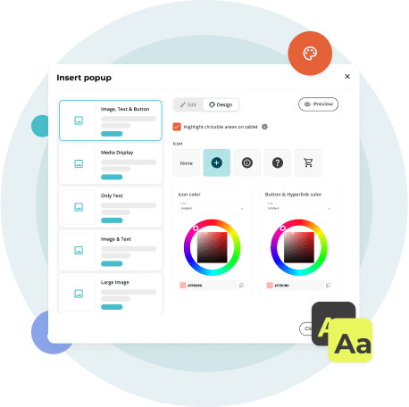 Popup editor interface with color and icon tools — showing how Paperturn lets wholesale companies ma