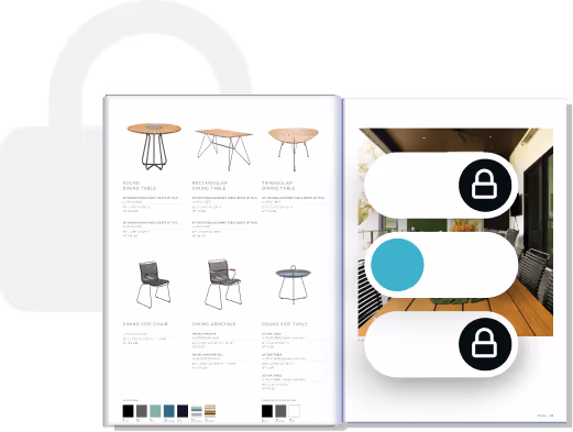 Catalogue de produits numérique avec des icônes de cadenas et des contrôles de confidentialité — illustrant comment Paperturn permet la sécu…
