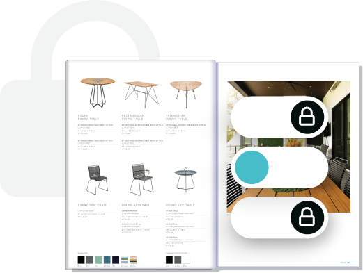 Digital product catalog with lock icons and privacy controls — illustrating how Paperturn enables sa