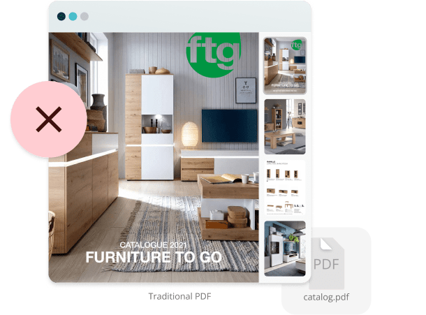 Traditional static PDF furniture catalog with a red X icon — illustrating how old-fashioned PDFs lac