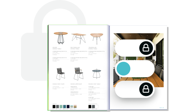 Digital product catalog with lock icons and privacy controls — illustrating how Paperturn enables sa
