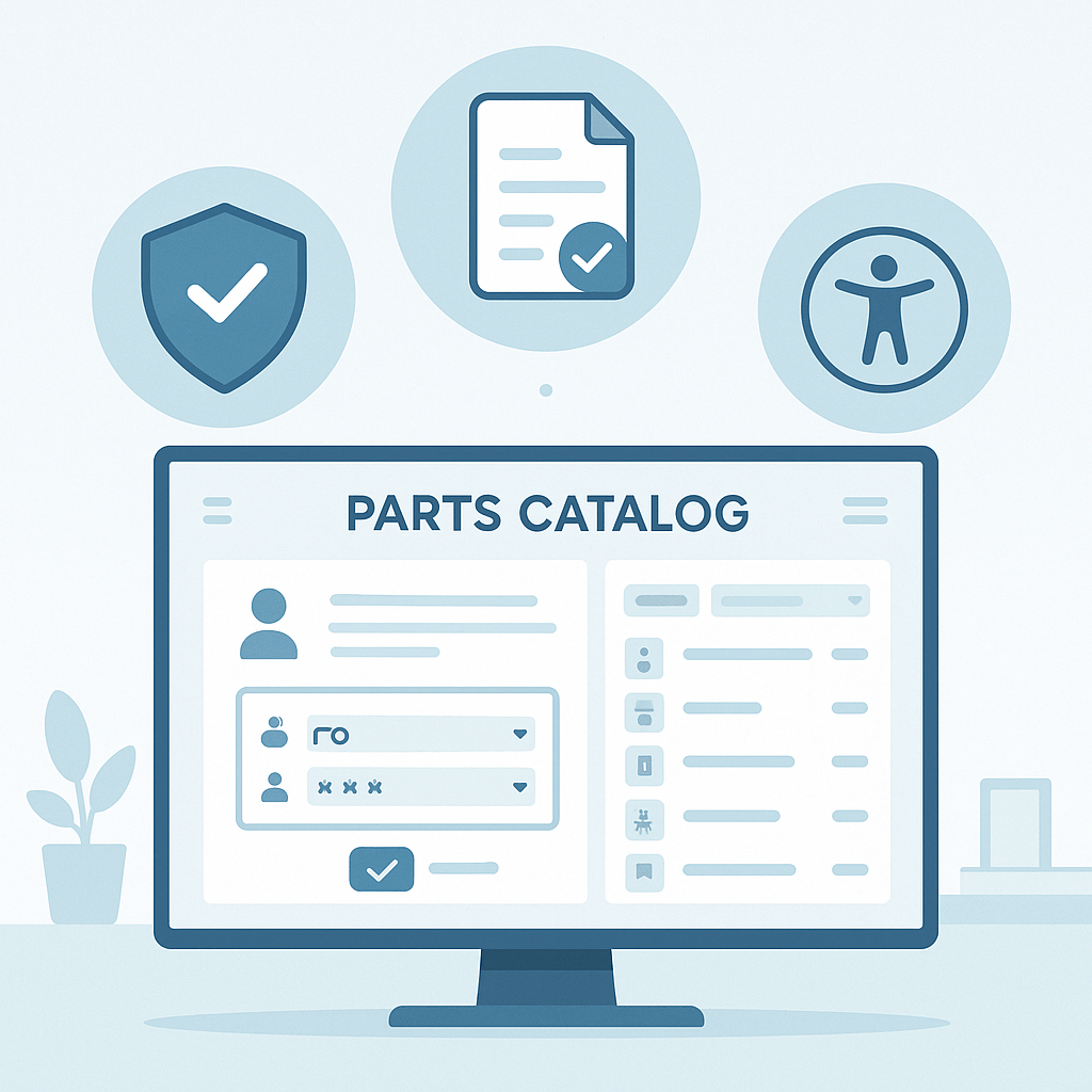 Computer screen showing a digital parts catalog with user access controls, security shield, complian