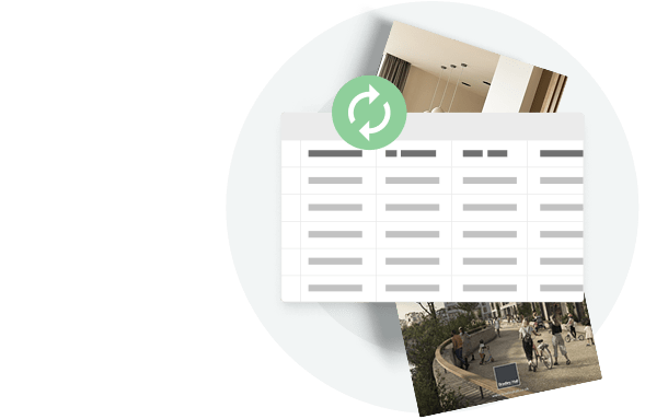 Product table with a green sync icon and catalog images — showing how Paperturn lets wholesale brands update prices, inventory, and promotions instantly without changing links or resending materials.