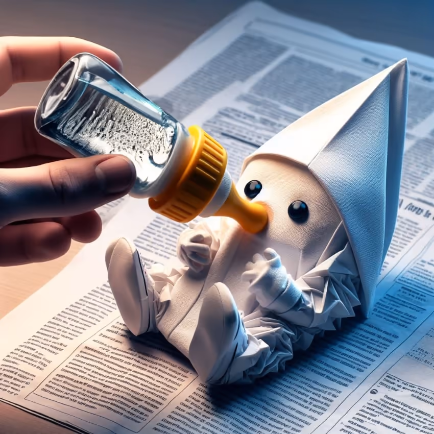 A human hand holds a baby bottle, feeding water to a baby figure made entirely of paper. A human hand holds a baby bottle, feeding water to a baby figure made entirely of paper.