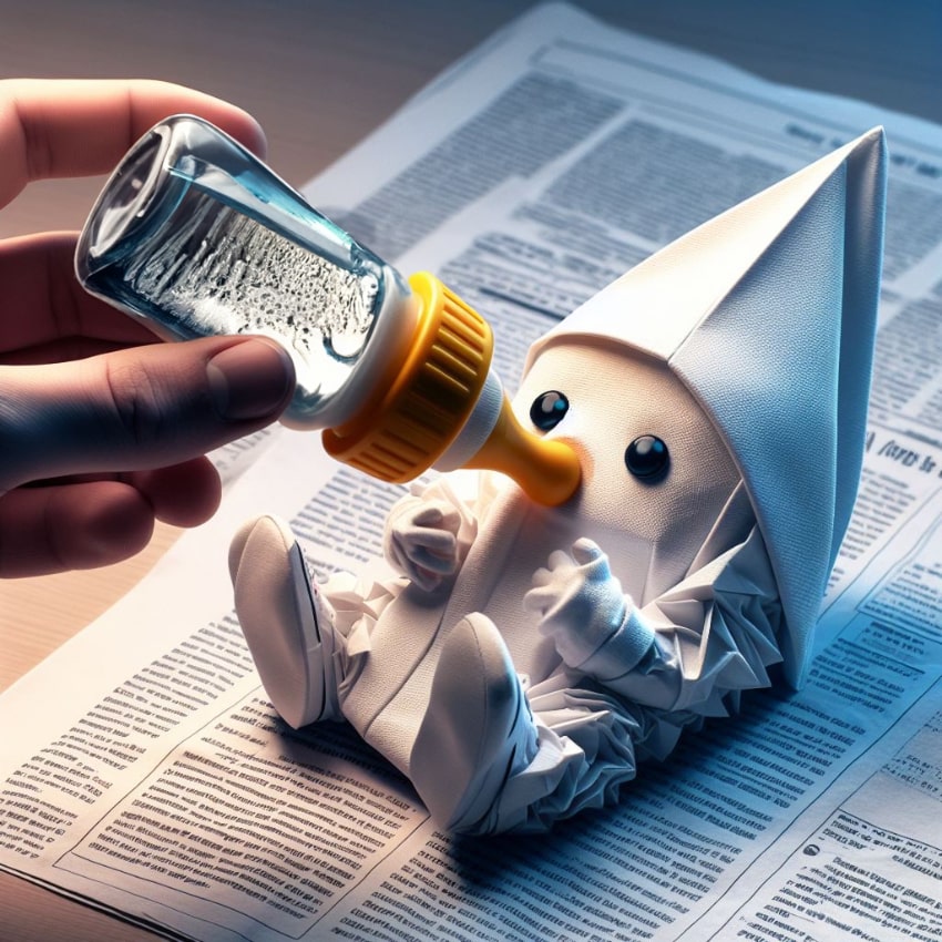 A human hand holds a baby bottle, feeding water to a baby figure made entirely of paper.