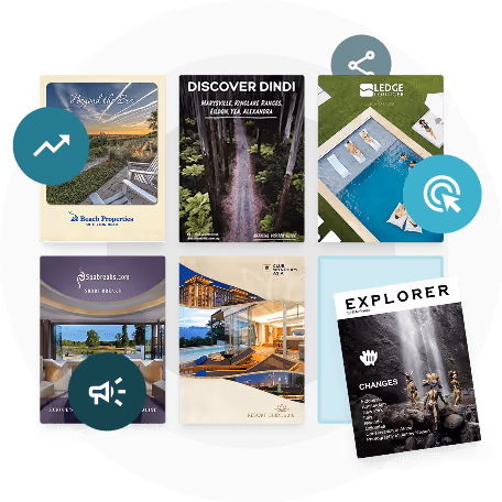 Grille de brochures de voyage numériques avec des icônes interactives — montrant comment Paperturn aide les marques de l’hôtellerie… Grille de brochures de voyage numériques avec des icônes interactives — montrant comment Paperturn aide les marques de l’hôtellerie…