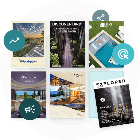 Grid of digital travel brochures with interactive icons — showing how Paperturn helps hospitality br