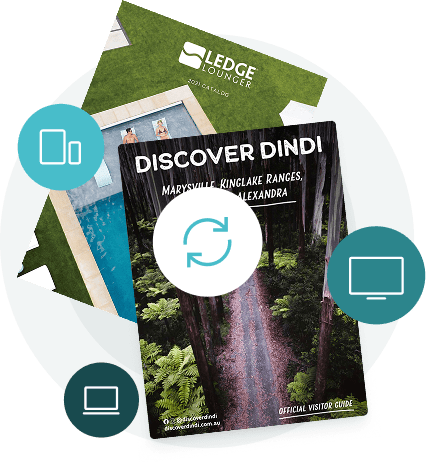 Digital travel guide with sync icons — showing how Paperturn helps hospitality brands update seasona