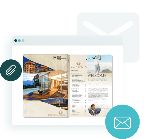 Digital resort guide with email and attachment icons — showing how Paperturn helps hotels and resort