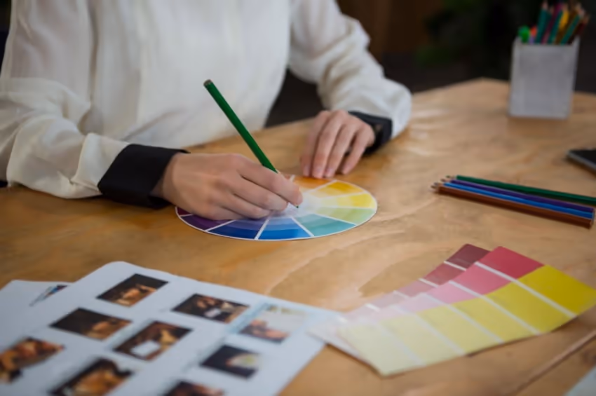 A person using a color wheel to select a color for branding purposes. A person using a color wheel to select a color for branding purposes.
