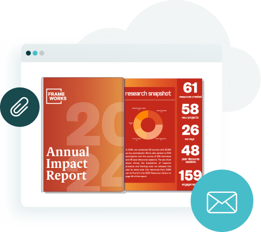 Illustration of a digital annual report with analytics and data visualizations, shared via email and