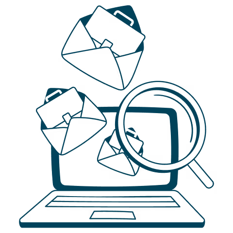 Illustration d’e-mails et d’une loupe sur un ordinateur portable représentant les communications internes et mes… Illustration d’e-mails et d’une loupe sur un ordinateur portable représentant les communications internes et mes…