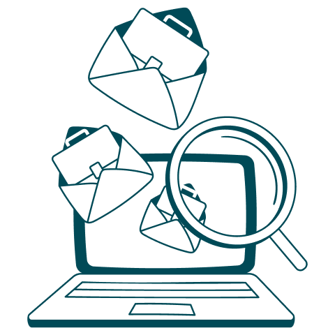 Illustration of emails and magnifying glass on a laptop representing internal communications and mes Illustration of emails and magnifying glass on a laptop representing internal communications and mes