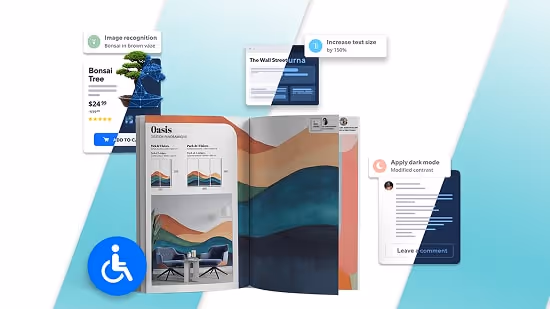 An open book with an accessible' sign on it’s left corner and disability profiles. An open book with an accessible' sign on it’s left corner and disability profiles.