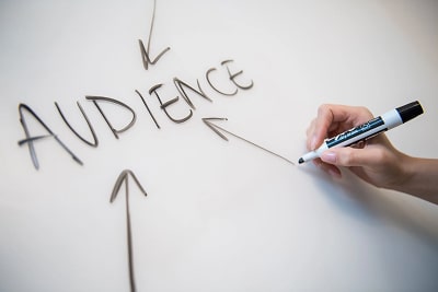 The word 'audience' written on a whiteboard