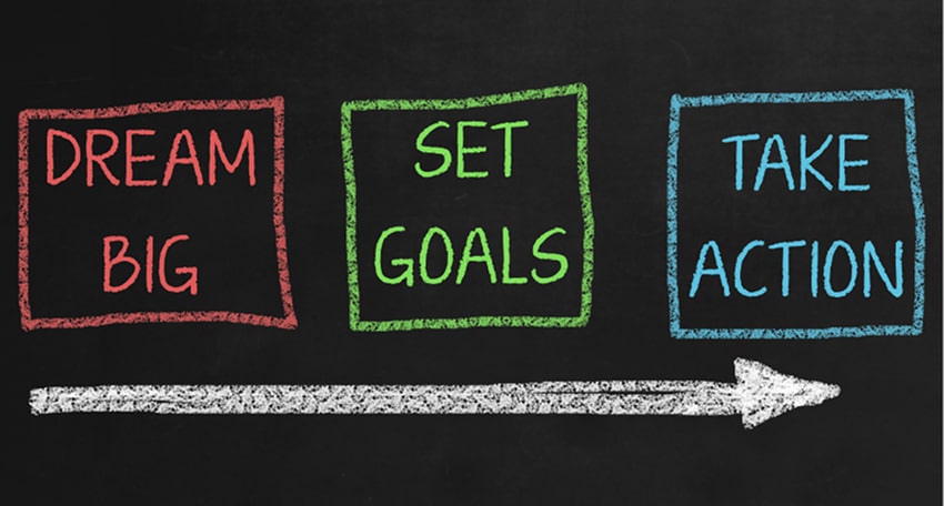 Dream big, set goals and take action written on a blackboard with a horizontal arrow under the text.
