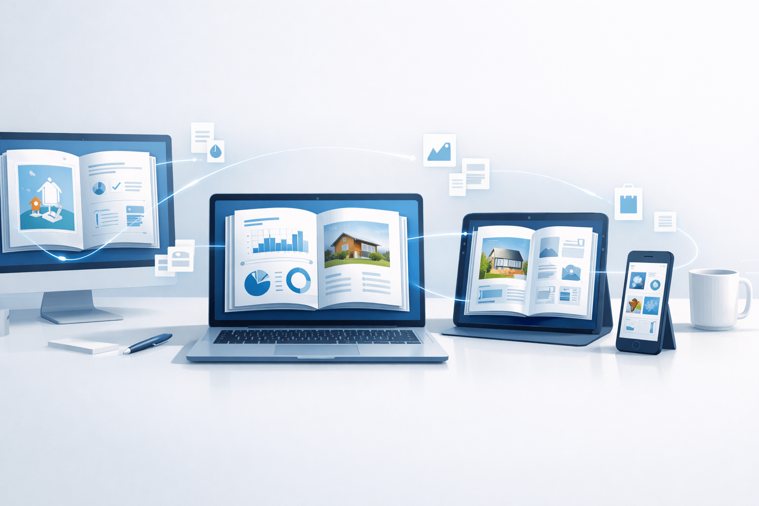illustration of a digital workspace with an open flipbook shown across desktop, laptop, tablet, and phone screens, connected by glowing interface lines in a clean blue-and-white SaaS style.