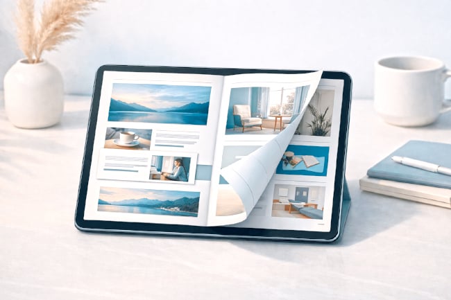 Tablet displaying an open digital flipbook magazine on a clean desk, with soft blue-toned pages, a curled page-turn effect, and minimal workspace items in gentle natural light.