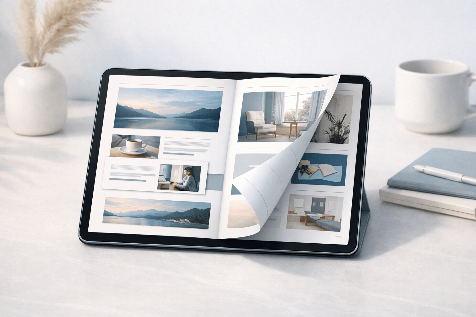 Tablet displaying an open digital flipbook magazine on a clean desk, with soft blue-toned pages, a curled page-turn effect, and minimal workspace items in gentle natural light.