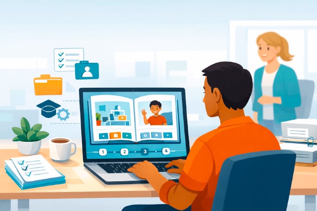 New employee reviews a flipbook-style onboarding handbook on a laptop at a tidy desk, with checklist and document icons nearby and a supportive coworker in the background.