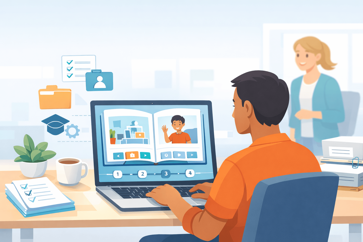 New employee reviews a flipbook-style onboarding handbook on a laptop at a tidy desk, with checklist and document icons nearby and a supportive coworker in the background.