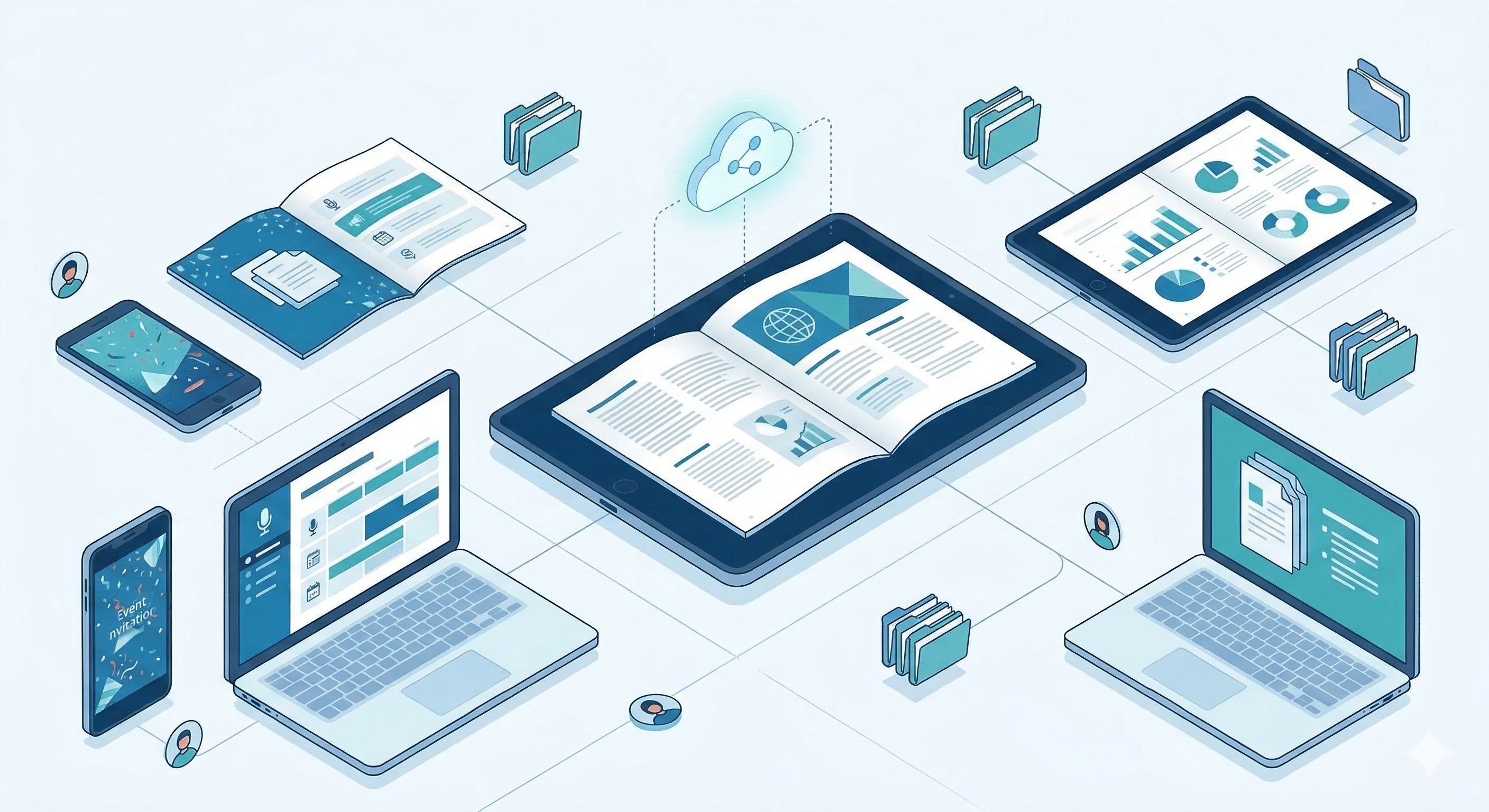 Modern illustration of flipbook documents across laptop, tablet, and phone, connected by cloud and folder icons in a clean blue-toned grid layout.