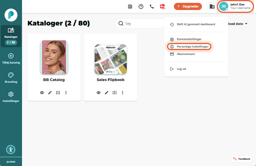 Dropdown med indstillingen Personlige indstillinger fremhævet under brugerprofilmenu