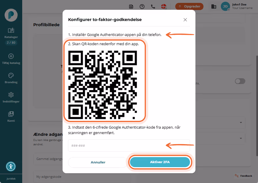 Popupvindue med QR-kode og instruktioner til opsætning af tofaktorautentificering
