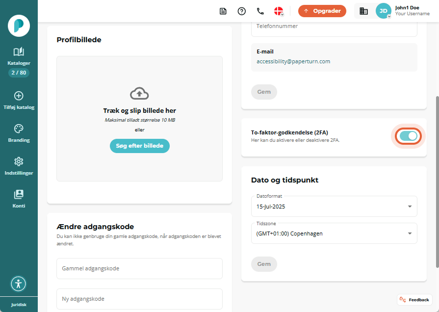 Personlige indstillinger med kontakten tilbage i Fra-position igen