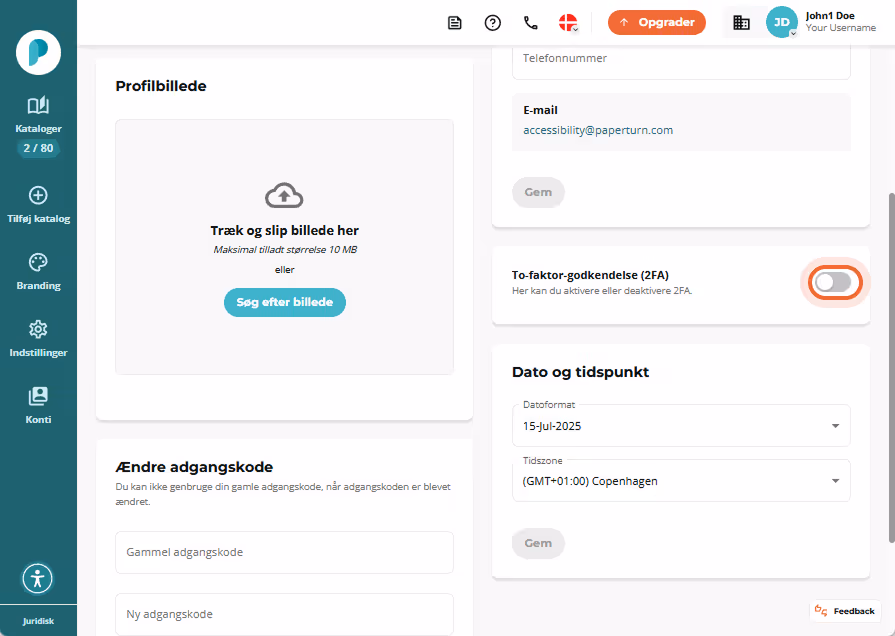 2FA-kontakten deaktiveret i panelet Personlige indstillinger