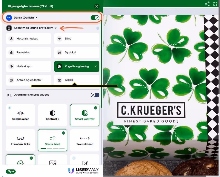 Tilgængelighedsmenu åbnet i flipbook, med muligheder som skærmlæser, kontrast, dysleksivenlig tilsta Tilgængelighedsmenu åbnet i flipbook, med muligheder som skærmlæser, kontrast, dysleksivenlig tilsta