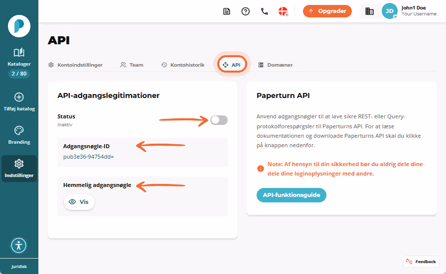 API-indstillingssiden viser en inaktiv statuskontakt samt felterne “Access key ID” og skjult “Secret