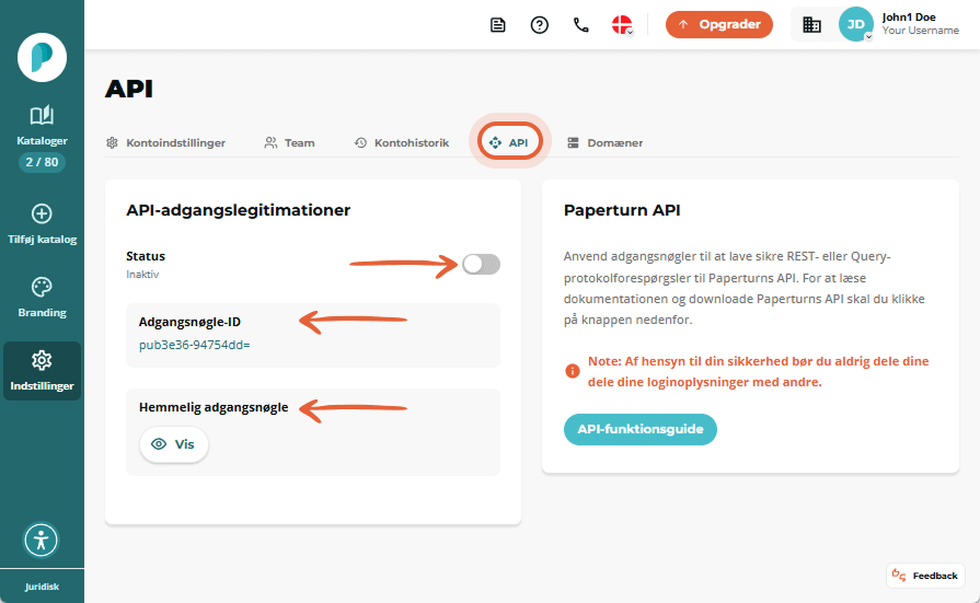 API-indstillingssiden viser en inaktiv statuskontakt samt felterne “Access key ID” og skjult “Secret