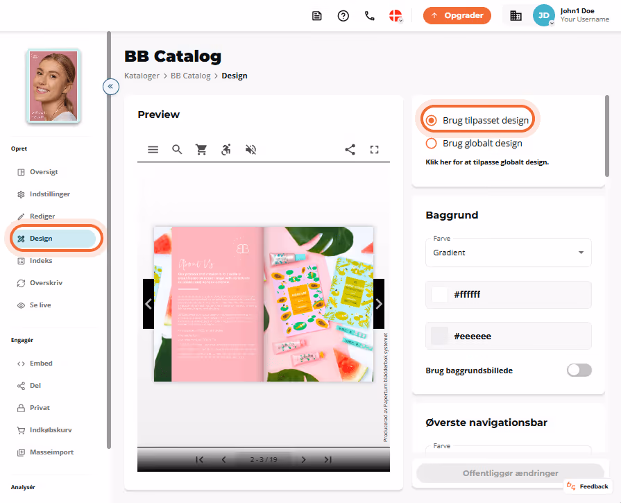 Designvisning af “BB Catalog” med Design-fanen til venstre aktiv og radioknappen “Brug brugerdefiner