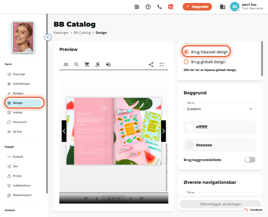 Designvisning af “BB Catalog” med Design-fanen til venstre aktiv og radioknappen “Brug brugerdefiner