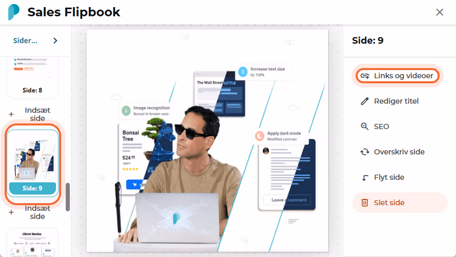 Sideeditor for “Sales Flipbook”, side 9, med sidebjælkevalget “Links og videoer” valgt.