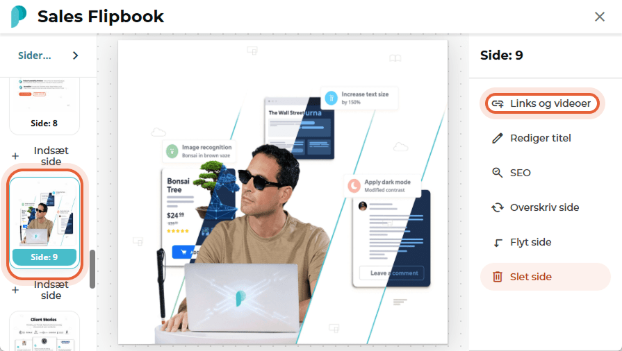 Sideeditor for “Sales Flipbook”, side 9, med sidebjælkevalget “Links og videoer” valgt.