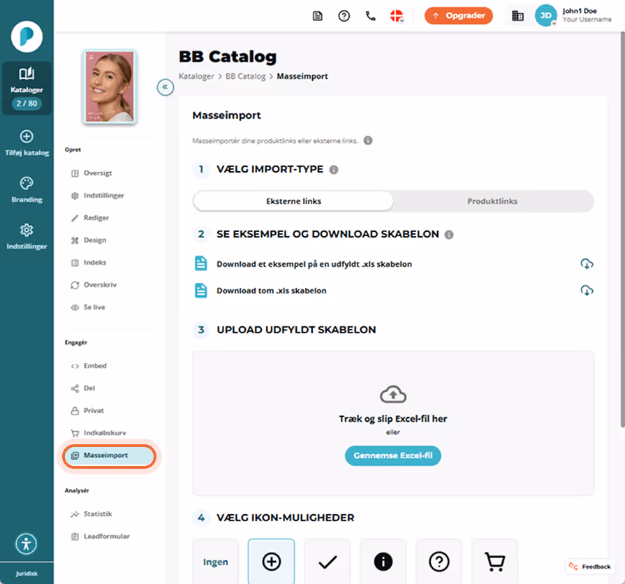 BB Catalogs Bulk import-panel åbent; menupunktet “Bulk import” i venstre sidebjælke er fremhævet.