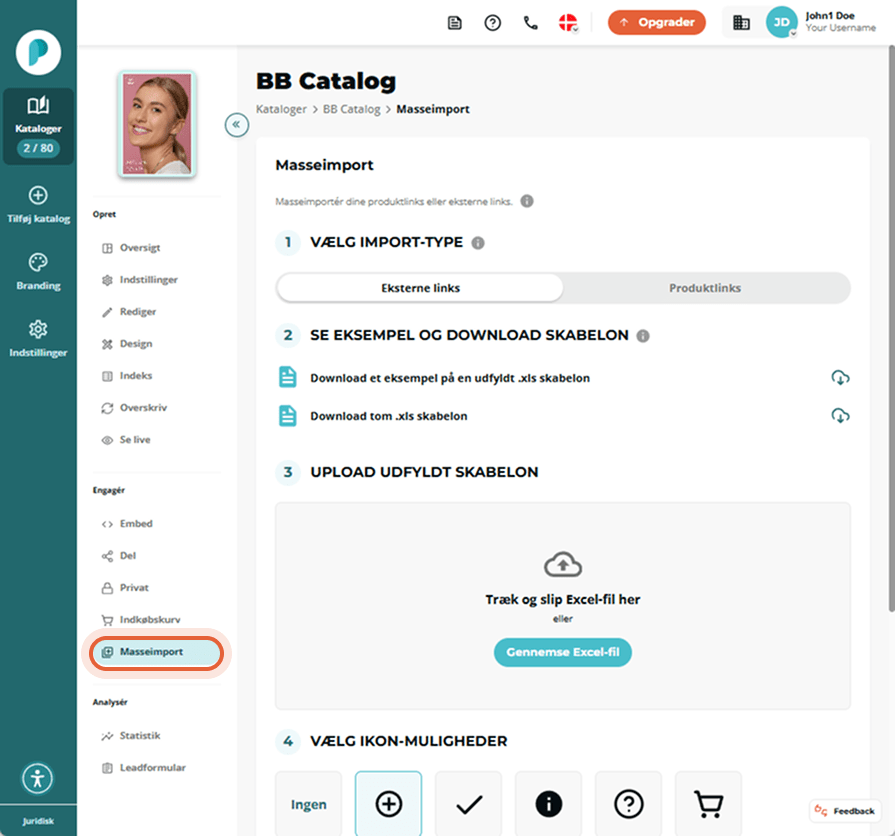 BB Catalogs Bulk import-panel åbent; menupunktet “Bulk import” i venstre sidebjælke er fremhævet.