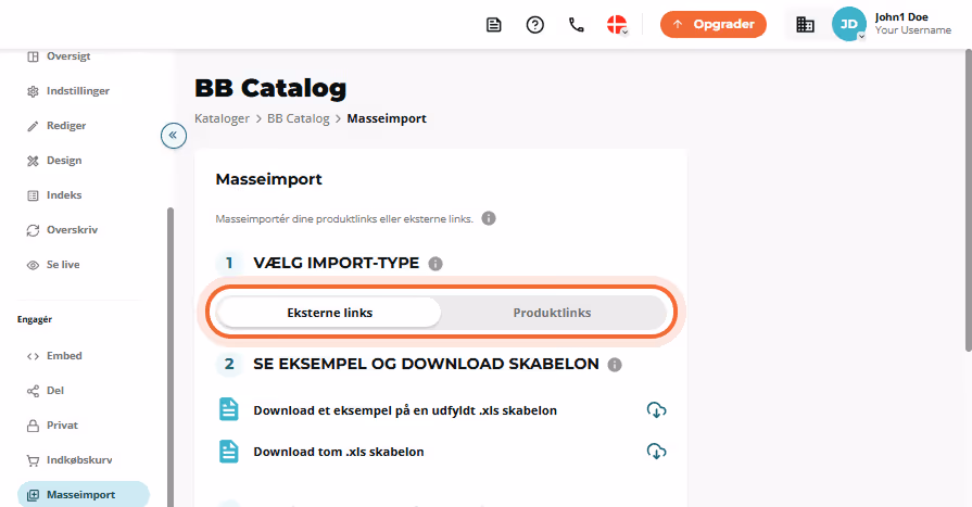 Bulk import trin 1 viser vippebjælken “External links” vs. “Product links” fremhævet.