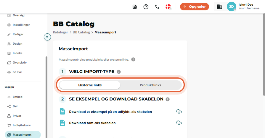 Bulk import trin 1 viser vippebjælken “External links” vs. “Product links” fremhævet.