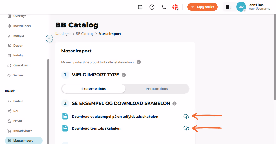 Bulk import trin 2 fremhæver ikoner til at downloade eksempel- og tomme .xls-skabeloner.