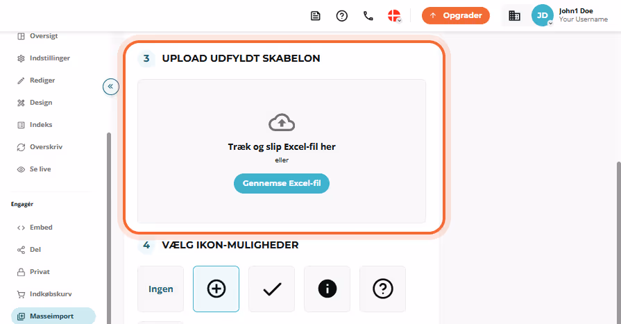 Bulk import trin 3 med stor træk-og-slip-uploadboks til den udfyldte Excel-fil fremhævet.