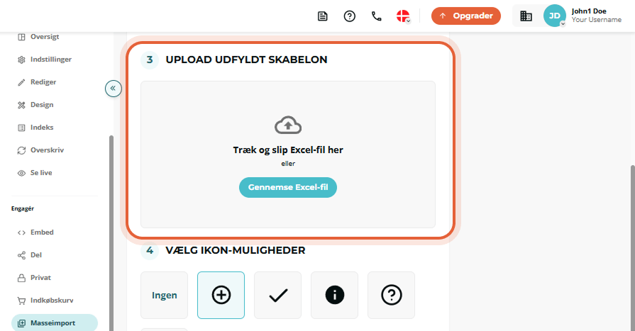 Bulk import trin 3 med stor træk-og-slip-uploadboks til den udfyldte Excel-fil fremhævet.