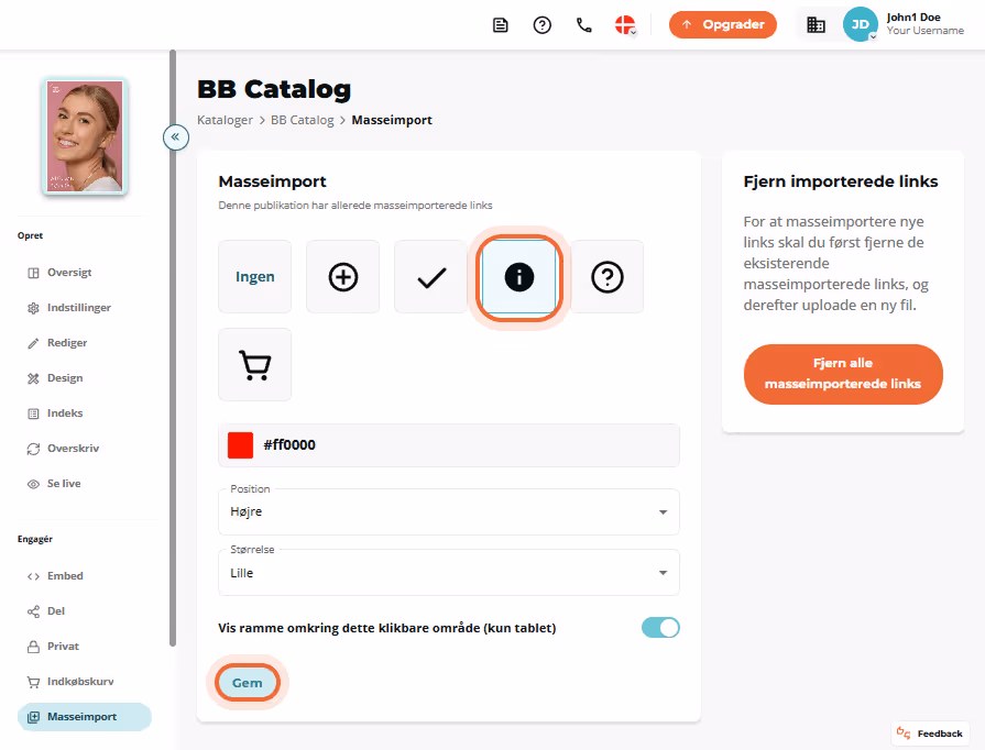 Bulk import-panel viser, at links allerede er importeret; infoikon og nederste “Save”-knap fremhævet