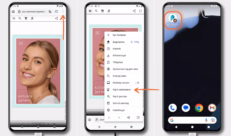 Tre Android-skærme viser et alternativt layout i Chrome til at tilføje en flipbook til hjemmeskærmen