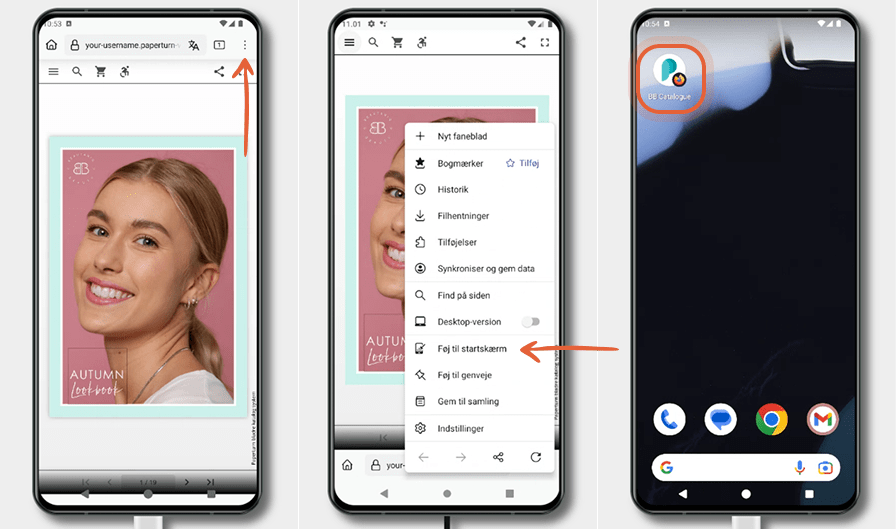 Tre Android-skærme viser et alternativt layout i Chrome til at tilføje en flipbook til hjemmeskærmen