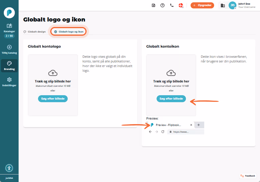Skærm, der viser Paperturns dashboard i Branding-sektionen. Fanen 