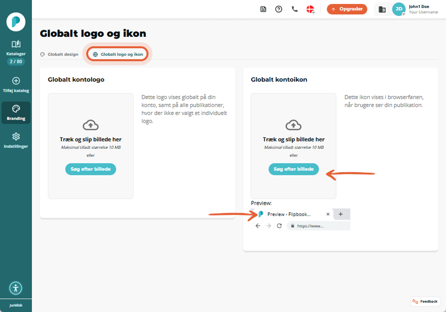 Skærm, der viser Paperturns dashboard i Branding-sektionen. Fanen 
